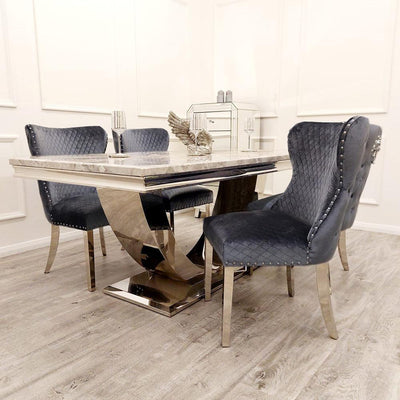 Arial 200cm Grey Marble Dining Table + Valentino Button Back Lion Knocker Velvet Chairs-Esme Furnishings