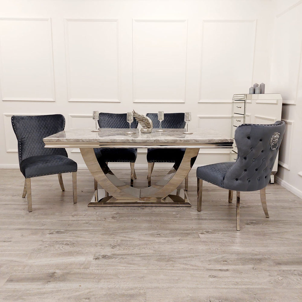 Arial 200cm Grey Marble Dining Table + Valentino Button Back Lion Knocker Velvet Chairs-Esme Furnishings