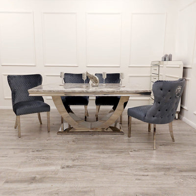 Arial 200cm Grey Marble Dining Table + Valentino Button Back Lion Knocker Velvet Chairs-Esme Furnishings