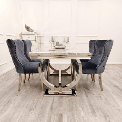 Arianna 200cm Grey Marble Dining Table + Valentino Button Back Lion Knocker Velvet Chairs-Esme Furnishings