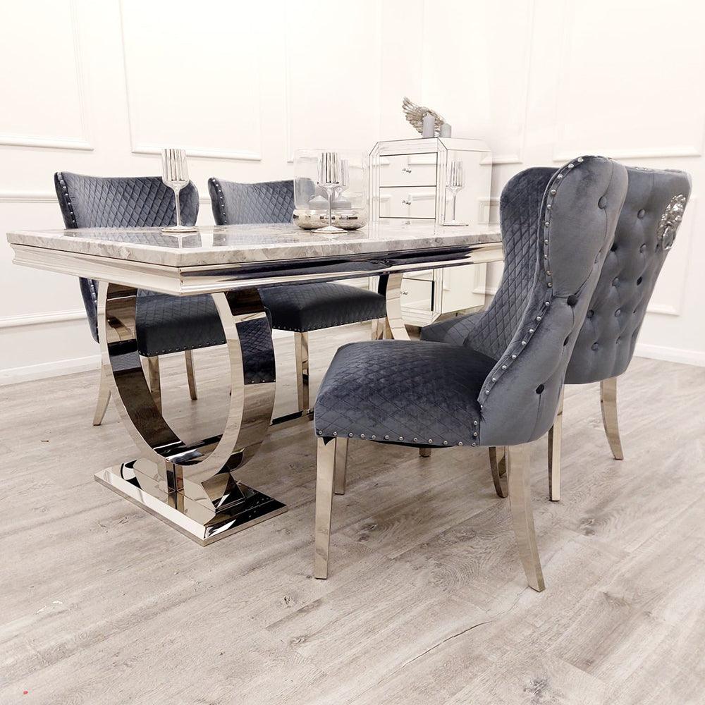 Arianna 200cm Grey Marble Dining Table + Valentino Button Back Lion Knocker Velvet Chairs-Esme Furnishings