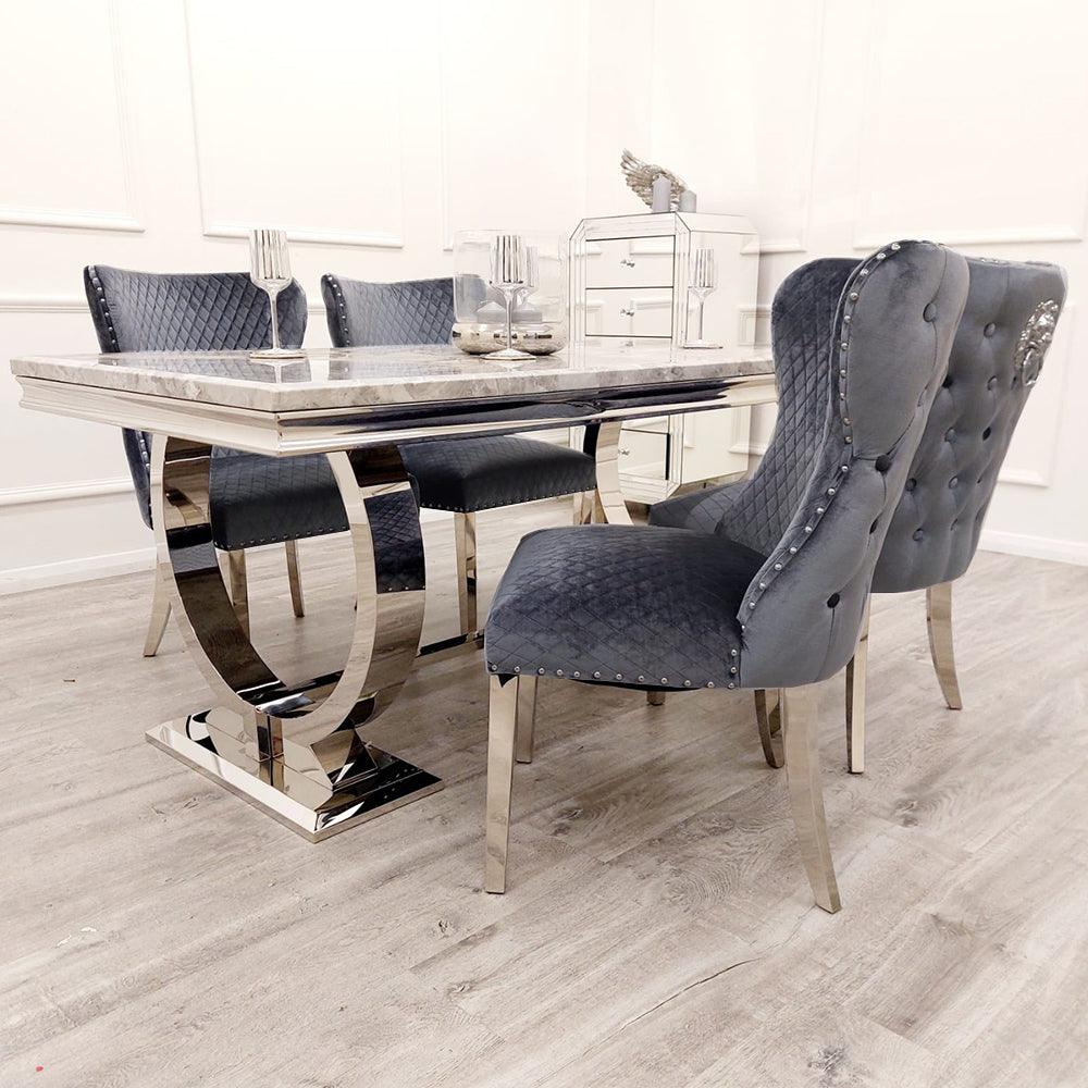Arianna 200cm Grey Marble Dining Table + Valentino Button Back Lion Knocker Velvet Chairs-Esme Furnishings