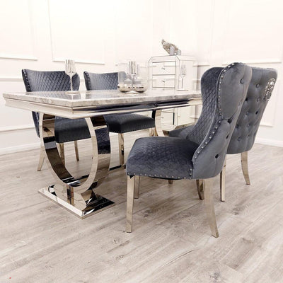 Arianna 150cm Grey Marble Dining Table + Valentino Button Back Lion Knocker Velvet Chairs-Esme Furnishings