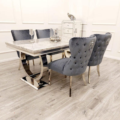 Arianna 200cm Grey Marble Dining Table + Valentino Button Back Lion Knocker Velvet Chairs-Esme Furnishings