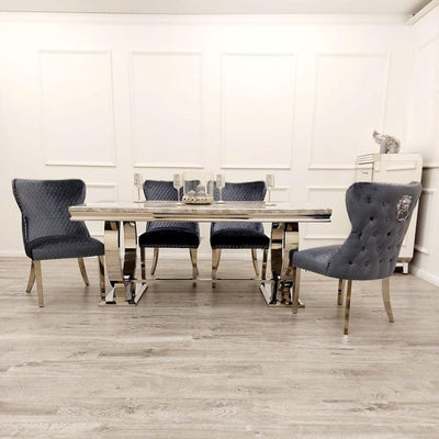 Arianna 200cm Grey Marble Dining Table + Valentino Button Back Lion Knocker Velvet Chairs-Esme Furnishings