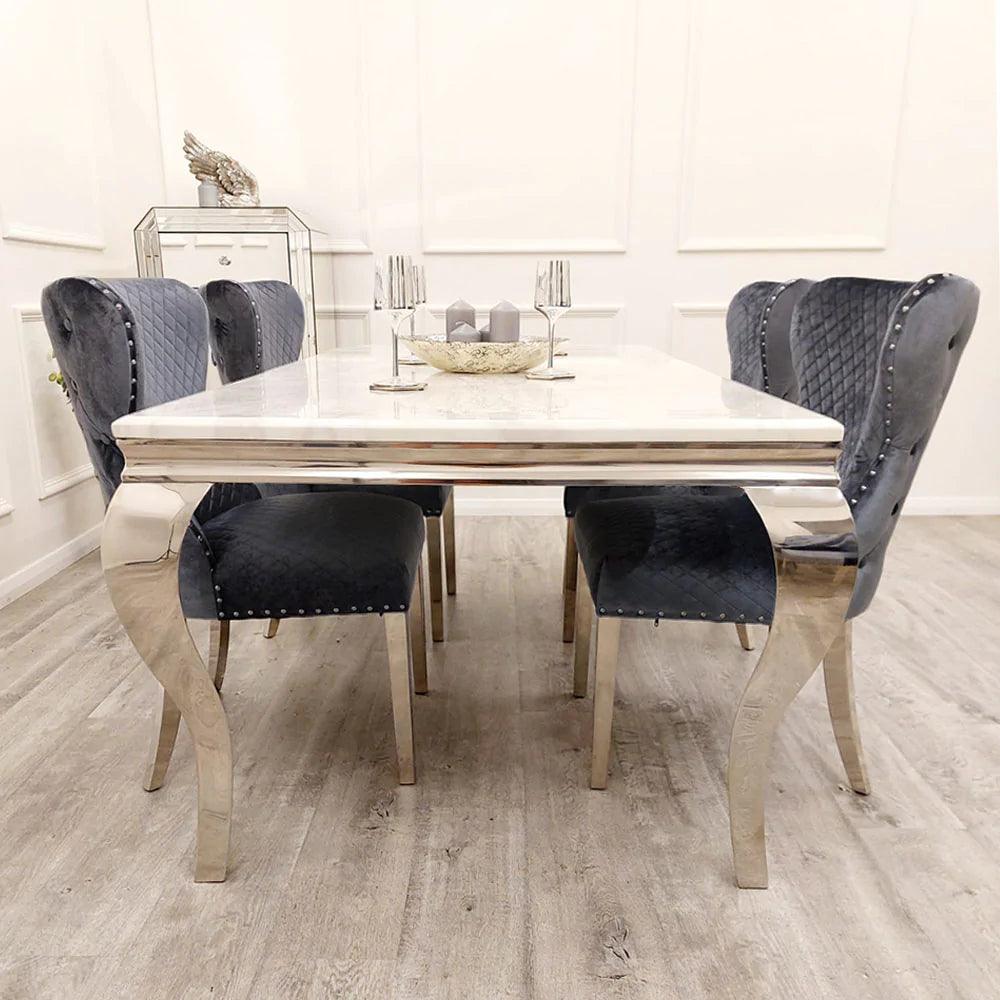 Louis 150cm Grey, Black Or White Marble Dining Table + 4 Chelsea Shimmer Grey Lion Knocker Plush Velvet Chairs-Esme Furnishings