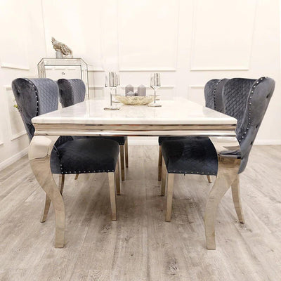 Louis 150cm Grey, Black Or White Marble Dining Table + 4 Chelsea Shimmer Grey Lion Knocker Plush Velvet Chairs-Esme Furnishings