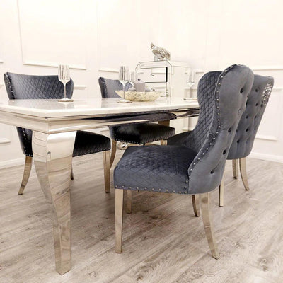 Louis 150cm Grey, Black Or White Marble Dining Table + 4 Chelsea Shimmer Grey Lion Knocker Plush Velvet Chairs-Esme Furnishings