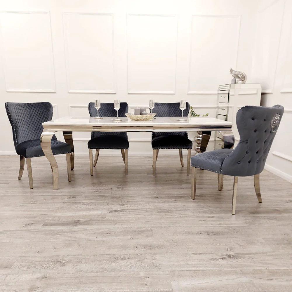 Louis 150cm Grey, Black Or White Marble Dining Table + 4 Chelsea Shimmer Grey Lion Knocker Plush Velvet Chairs-Esme Furnishings