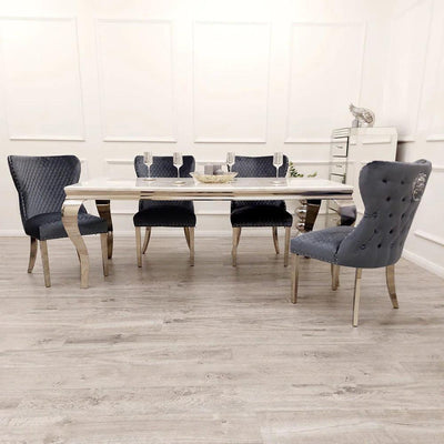 Louis 150cm Grey, Black Or White Marble Dining Table + 4 Chelsea Shimmer Grey Lion Knocker Plush Velvet Chairs-Esme Furnishings