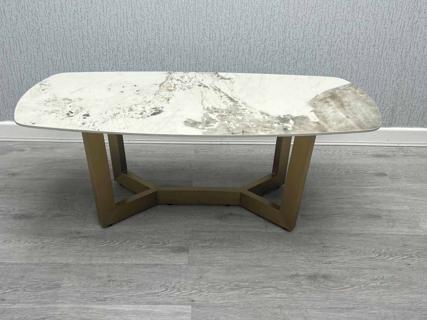 Lucien 180cm Gold Oval Dining Table with Pandora Gold Ceramic Marble Top + Cream/Gold  Ring Knocker Velvet Chairs