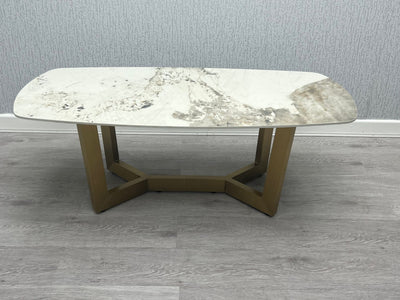 Lucien 180cm Gold Oval Dining Table with Pandora Gold Ceramic Marble Top + Cream/Gold  Ring Knocker Velvet Chairs
