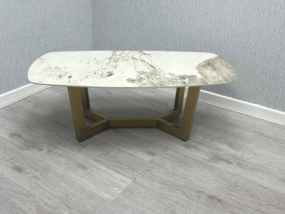 Lucien 180cm Gold Oval Dining Table with Pandora Gold Ceramic Marble Top + Cream/Gold  Ring Knocker Velvet Chairs