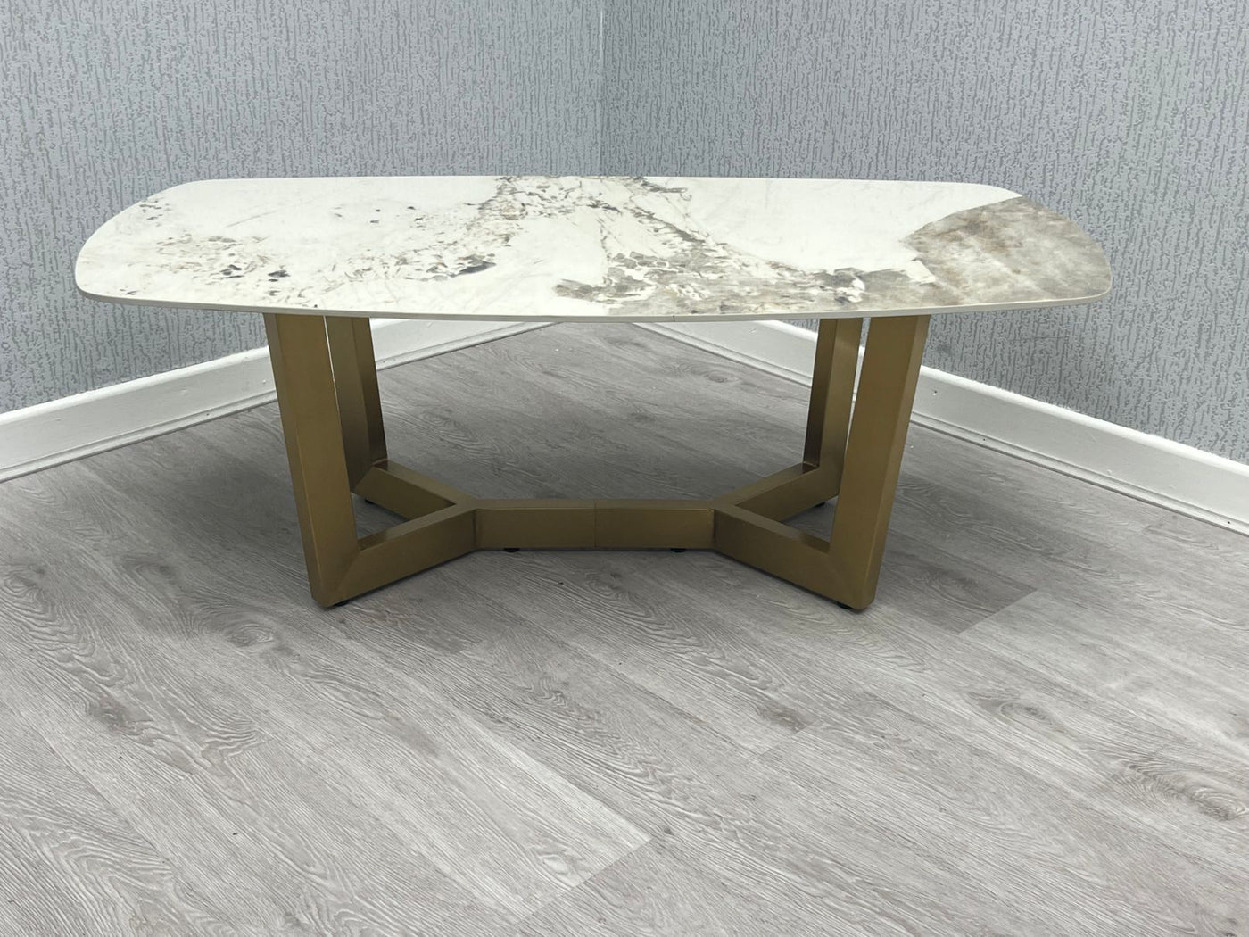Lucien 180cm Gold Oval Dining Table with Pandora Gold Ceramic Marble Top + Cream/Gold  Ring Knocker Velvet Chairs