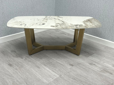 Lucien 150cm Gold Oval Dining Table with Pandora Gold Ceramic Marble Top + Cream/Gold  Ring Knocker Velvet Chairs
