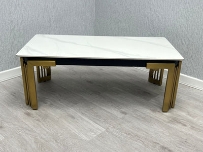Sorrento 180cm Gold Dining Table with White Ceramic Marble Top + Cream/Gold  Ring Knocker Velvet Chairs