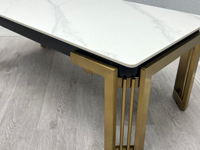 Sorrento 180cm Gold Dining Table with White Ceramic Marble Top + Cream/Gold  Ring Knocker Velvet Chairs