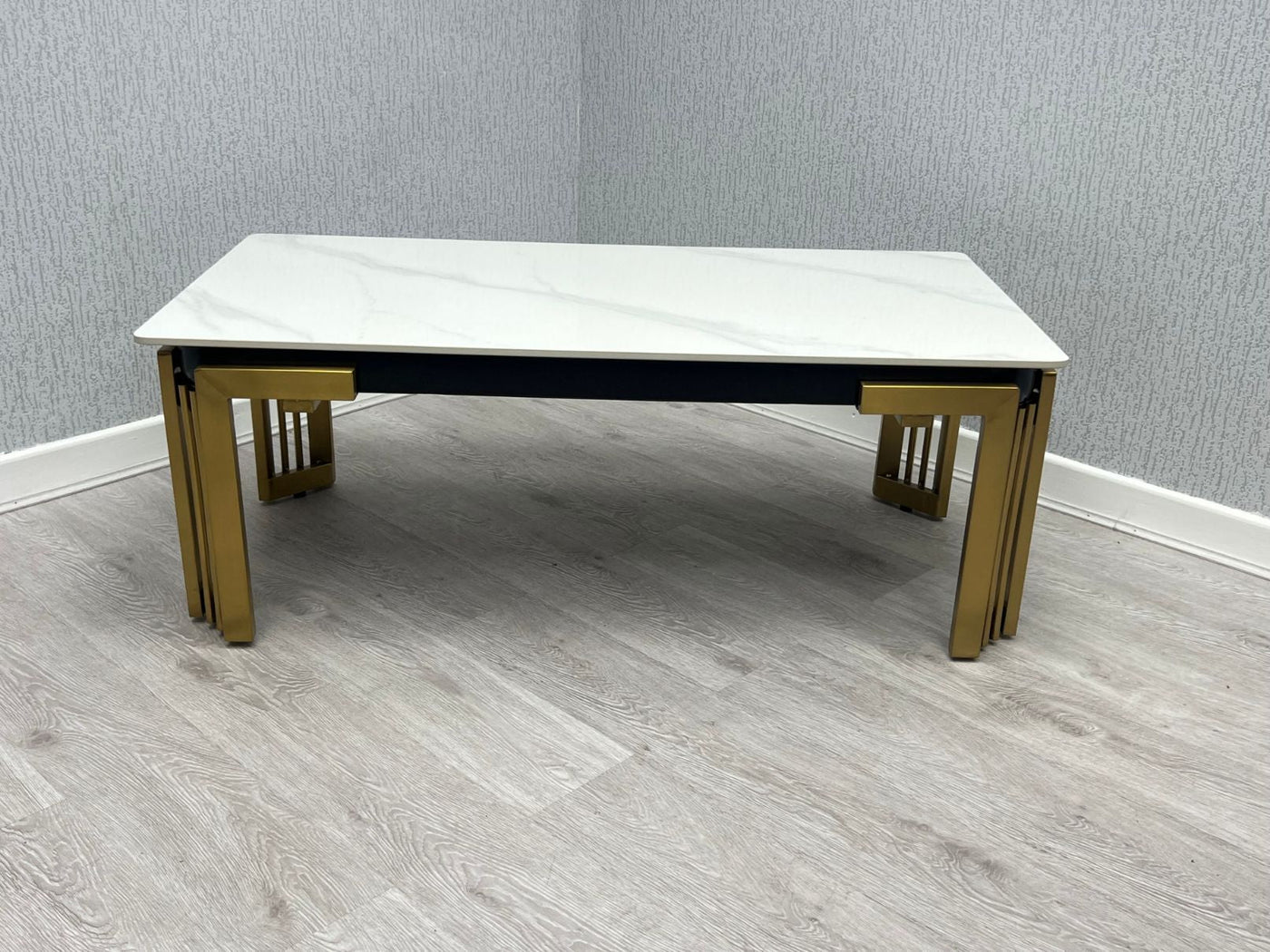 Sorrento 180cm Gold Dining Table with White Ceramic Marble Top + Cream/Gold  Ring Knocker Velvet Chairs