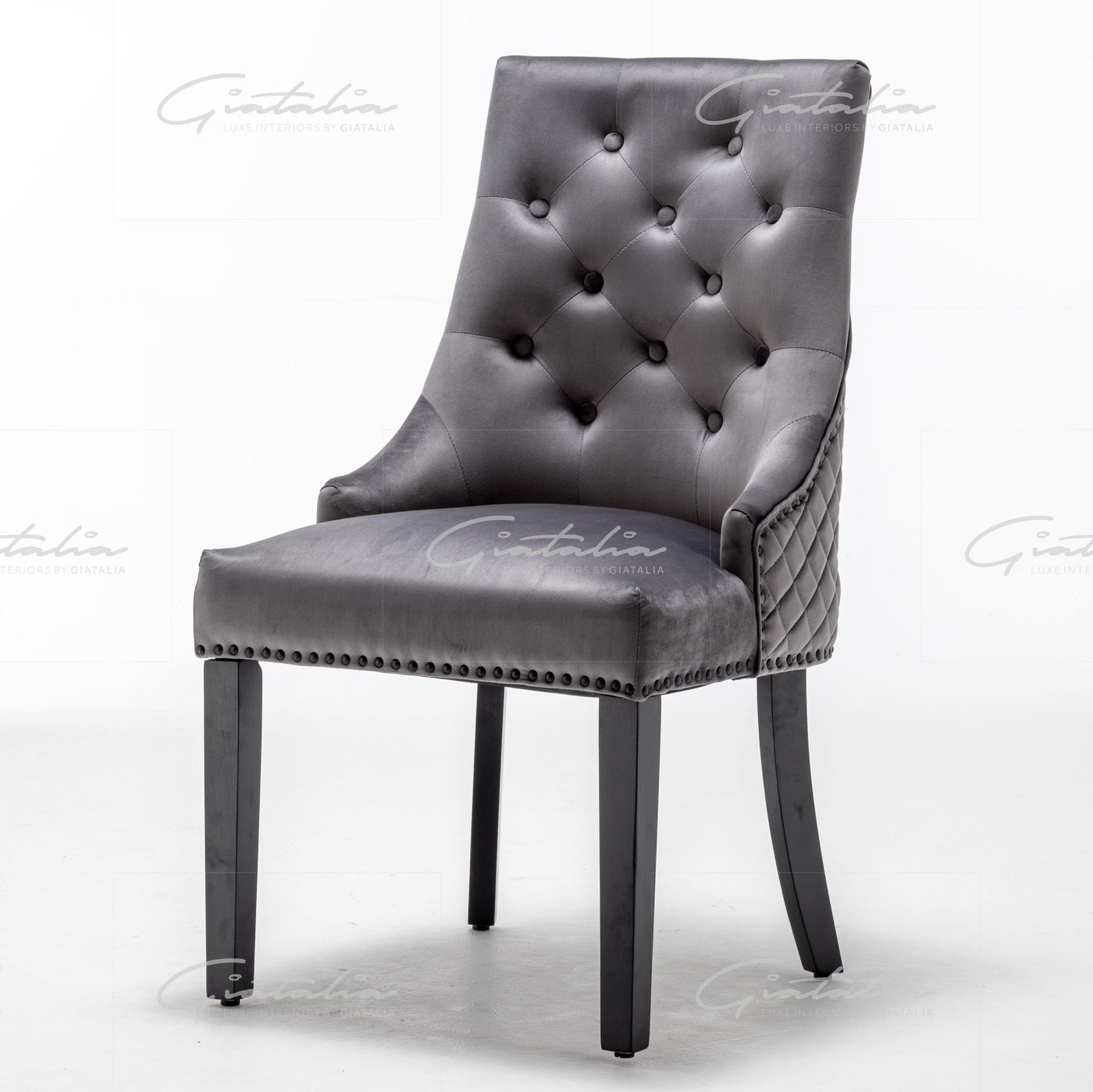 Cambridge Dark Grey French Plush Velvet Quilted Back Ring Dining Chair-Esme Furnishings