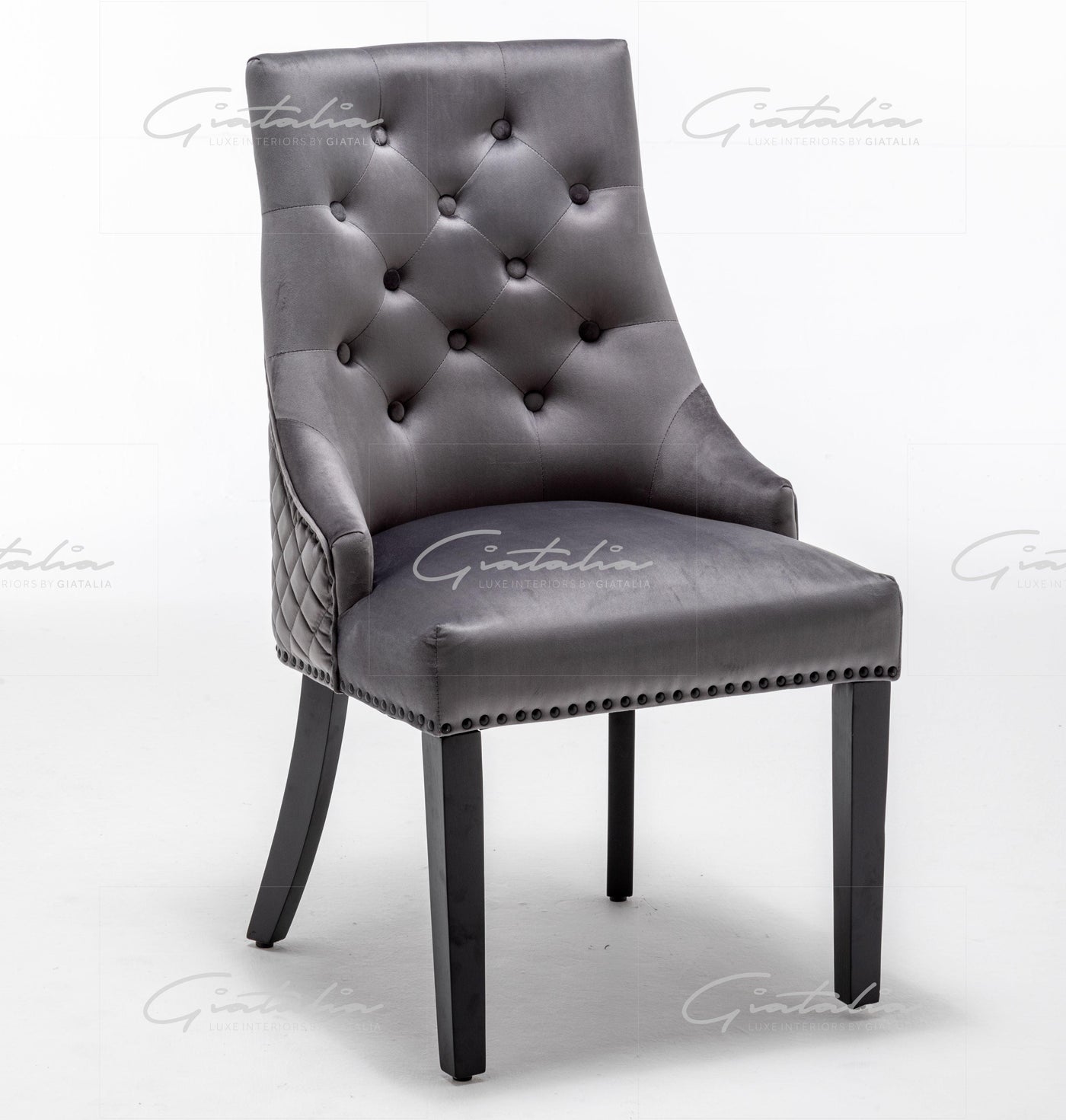 Cambridge Dark Grey French Plush Velvet Quilted Back Ring Dining Chair-Esme Furnishings