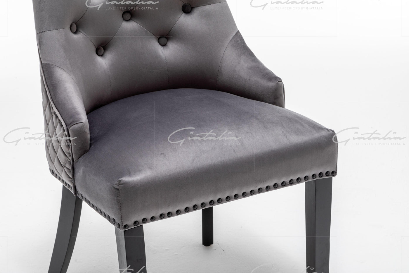 Cambridge Dark Grey French Plush Velvet Quilted Back Ring Dining Chair-Esme Furnishings