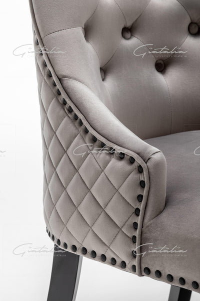 Cambridge Light Grey French Plush Velvet Quilted Back Ring Dining Chair-Esme Furnishings