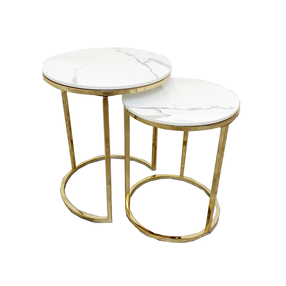 Cato Nest of 2 Tall Gold End Tables with Polar White Sintered Stone Tops-Esme Furnishings
