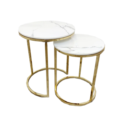 Cato Nest of 2 Tall Gold End Tables with Polar White Sintered Stone Tops-Esme Furnishings