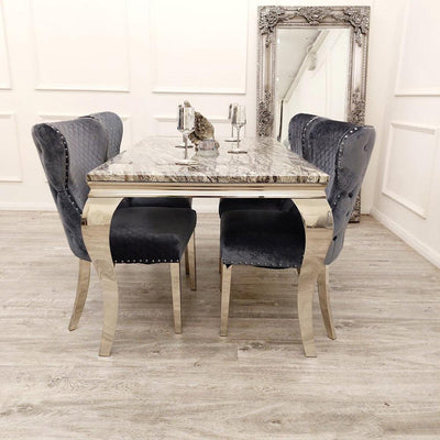 Louis 150cm Dark Grey Marble Dining Table + Chelsea Grey Button Lion Knocker Plush Velvet Chairs-Esme Furnishings