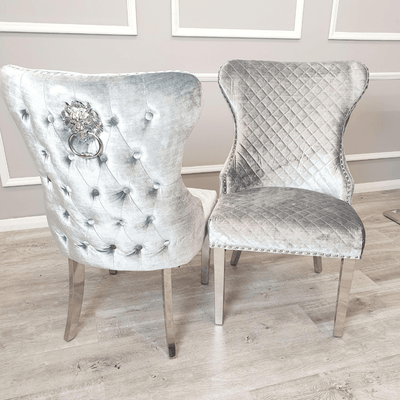 Valente Silver Pewter Grey Velvet Fabric Button Back Lion Knocker Quilted Dining Chair-Esme Furnishings
