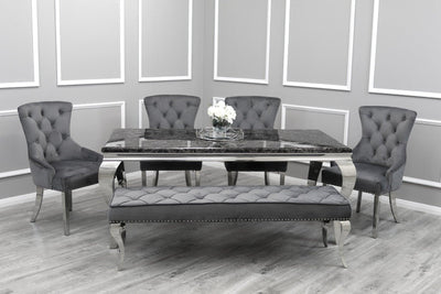 Louis Black Marble 180CM Dining Table + Grey Lion Chairs, 160cm Bench Option-Esme Furnishings