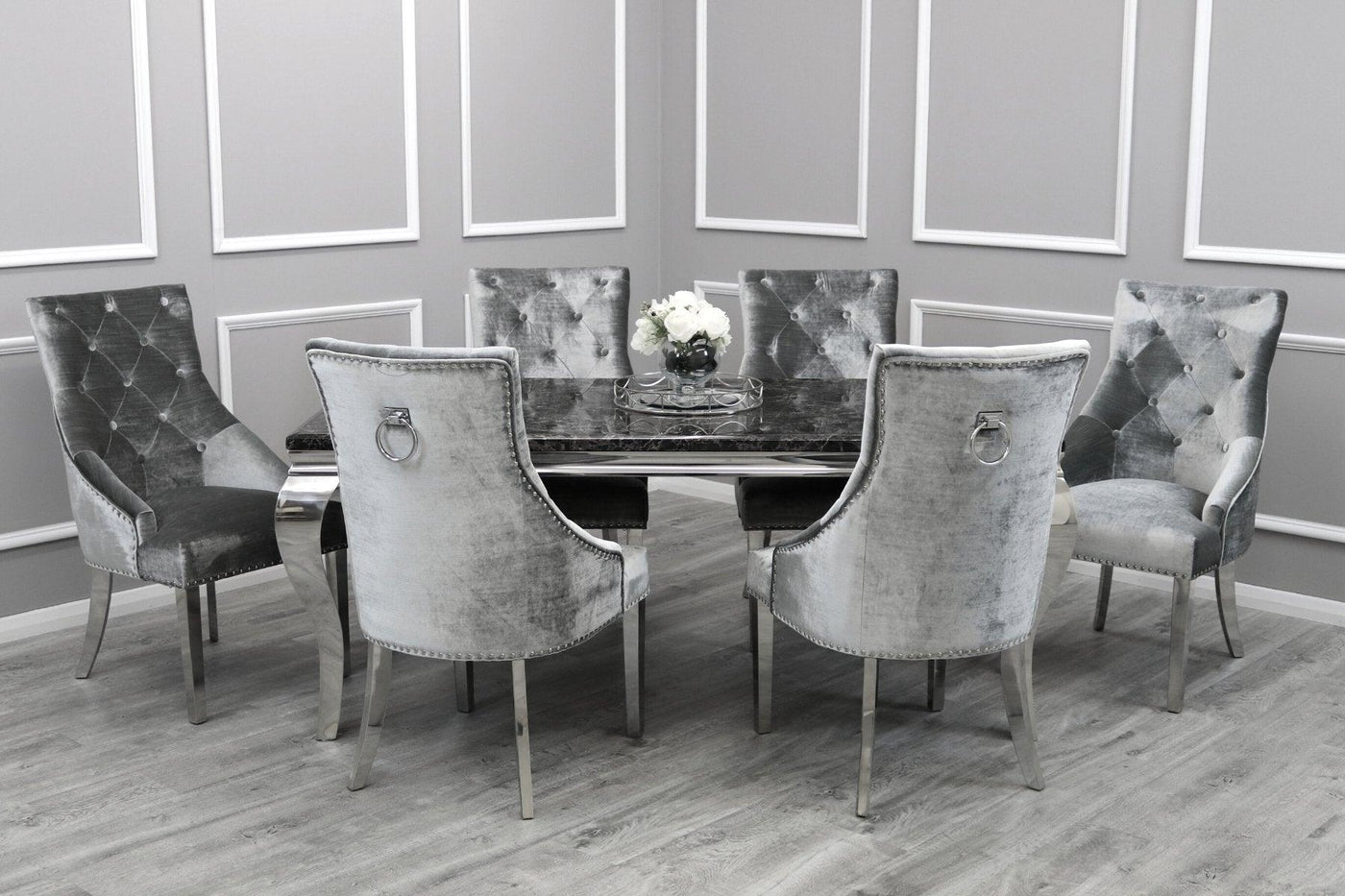 Louis 150cm Black Marble Dining Table + Belle Knocker Plush Velvet Chairs-Esme Furnishings