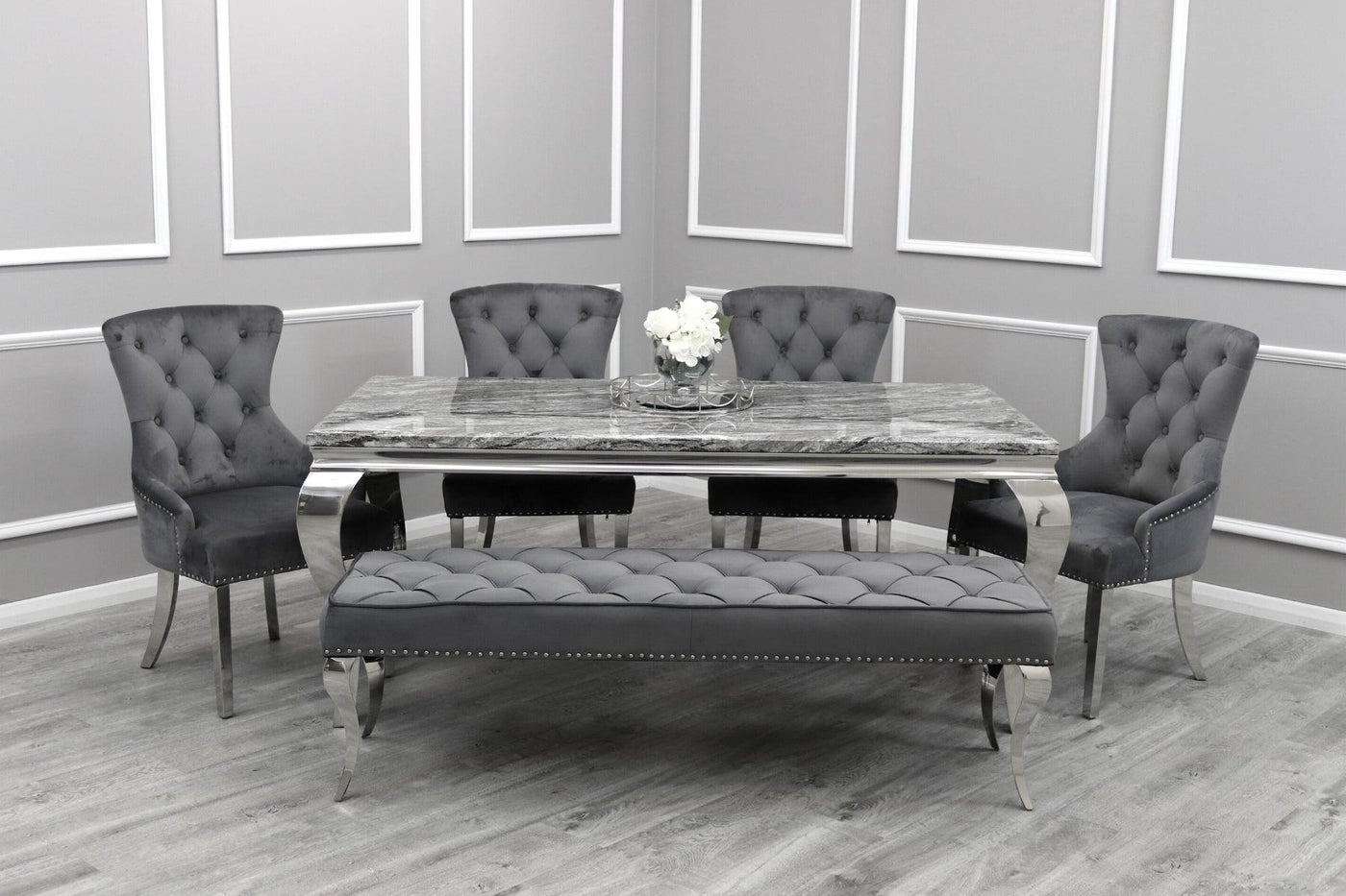 Louis Grey Marble 180CM Dining Table + Grey Lion Chairs, 160cm Bench Option-Esme Furnishings