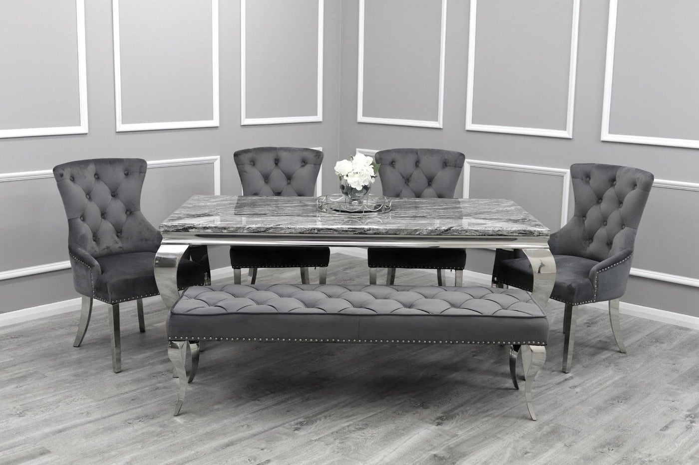 Louis Grey Marble 200CM Dining Table + Grey Lion Chairs, 180cm Bench Option-Esme Furnishings