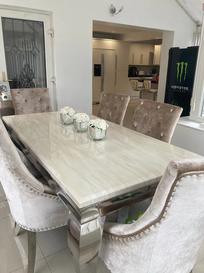 Arianna Cream Marble 180CM Dining Table + Valente Champagne Lion Velvet Chairs
