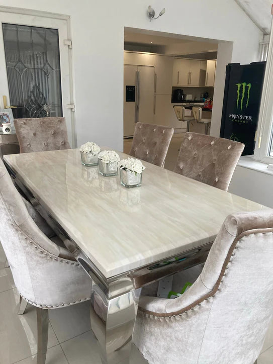 Arianna Cream Marble 200CM Dining Table + Valente Champagne Lion Velvet Chairs