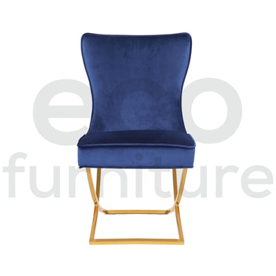 Belgravia Blue French Plush Velvet Button Back Dining Chair With Gold Legs-Esme Furnishings