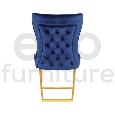 Belgravia Blue French Plush Velvet Button Back Dining Chair With Gold Legs-Esme Furnishings