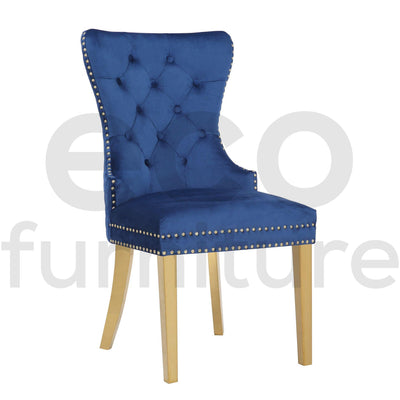 Belmont Blue Plush Velvet Gold Lion Knocker Quilted Back Dining Chairs With Gold Legs-Esme Furnishings
