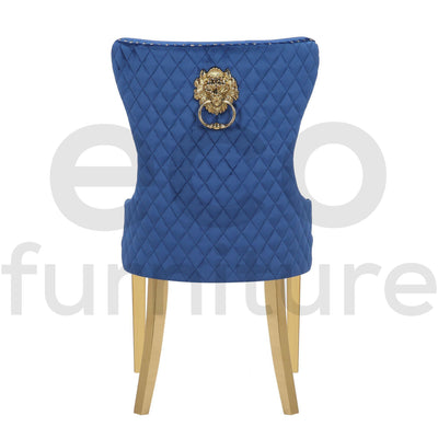 Belmont Blue Plush Velvet Gold Lion Knocker Quilted Back Dining Chairs With Gold Legs-Esme Furnishings
