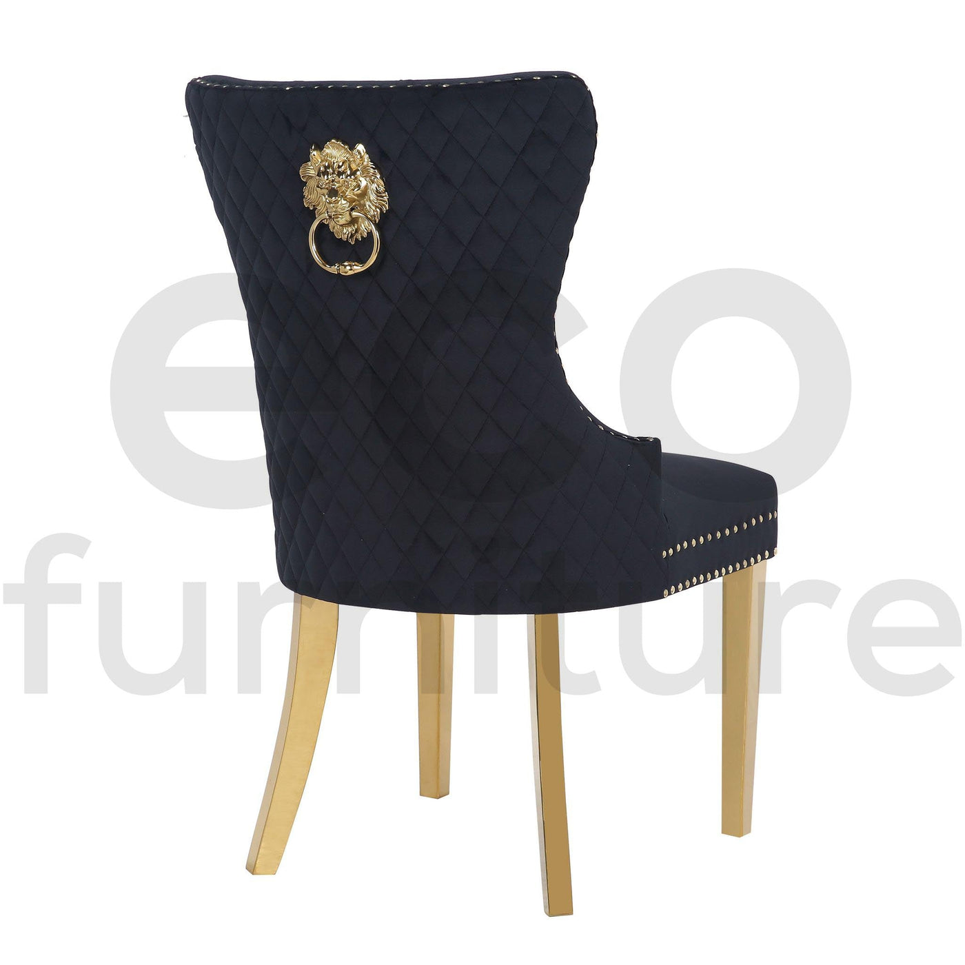 Belmont Black Plush Velvet Gold Lion Knocker Quilted Back Dining Chairs With Gold Legs-Esme Furnishings