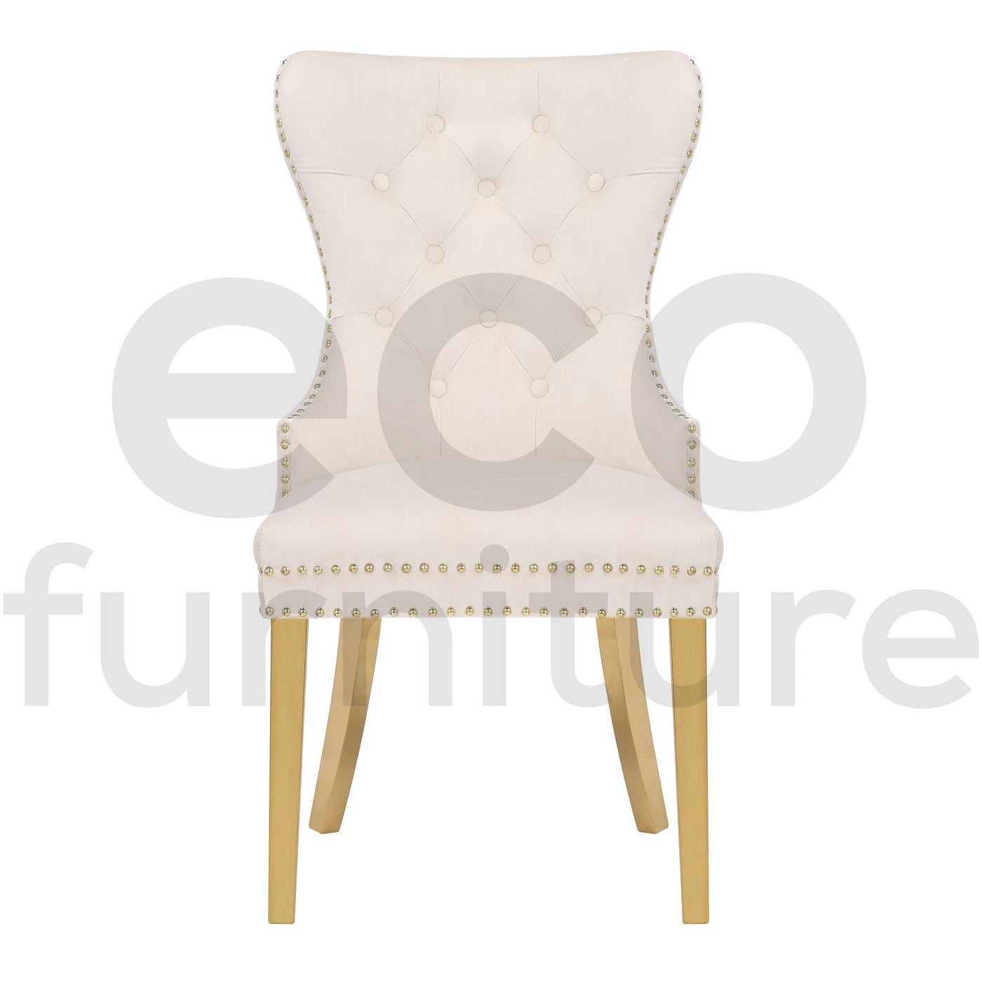 Belmont Cream Plush Velvet Gold Lion Knocker Quilted Back Dining Chairs With Gold Legs-Esme Furnishings