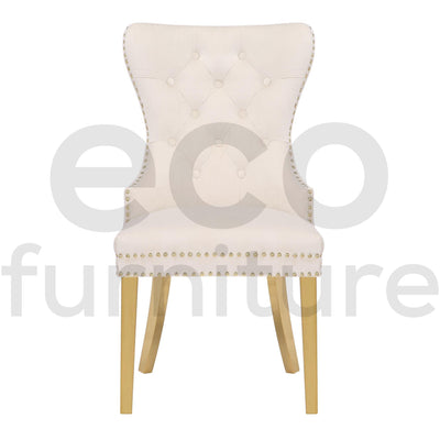 Belmont Cream Plush Velvet Gold Lion Knocker Quilted Back Dining Chairs With Gold Legs-Esme Furnishings