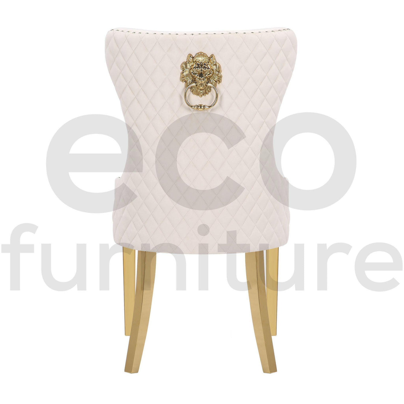 Belmont Cream Plush Velvet Gold Lion Knocker Quilted Back Dining Chairs With Gold Legs-Esme Furnishings
