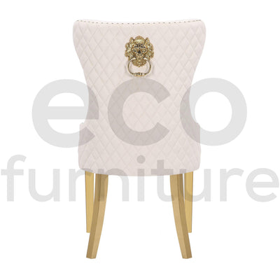 Belmont Cream Plush Velvet Gold Lion Knocker Quilted Back Dining Chairs With Gold Legs-Esme Furnishings