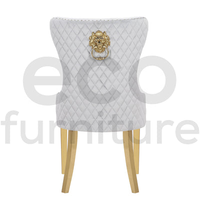 Lucien 180cm Gold Dining Table with Pandora Gold Sintered Stone Top + Belmont Gold Lion Knocker Dining Chairs-Esme Furnishings