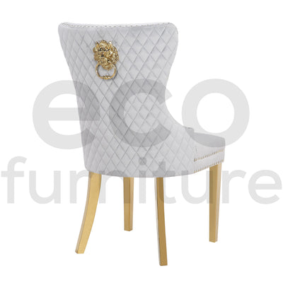Lucien 180cm Gold Dining Table with Pandora Gold Sintered Stone Top + Belmont Gold Lion Knocker Dining Chairs-Esme Furnishings