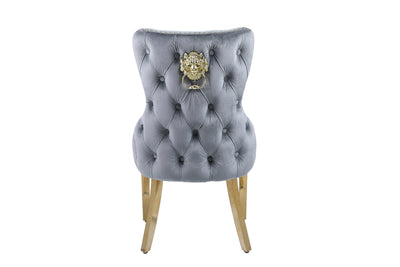 Louis Gold Pandora Gold Sintered Stone Dining Table With Shimmer Gold Lion Knocker Dining Chairs