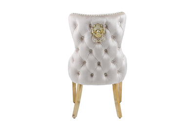 Louis Gold 150cm Ceramic Marble Cream Gold Dining Table With Shimmer Gold Lion Knocker Dining Chairs