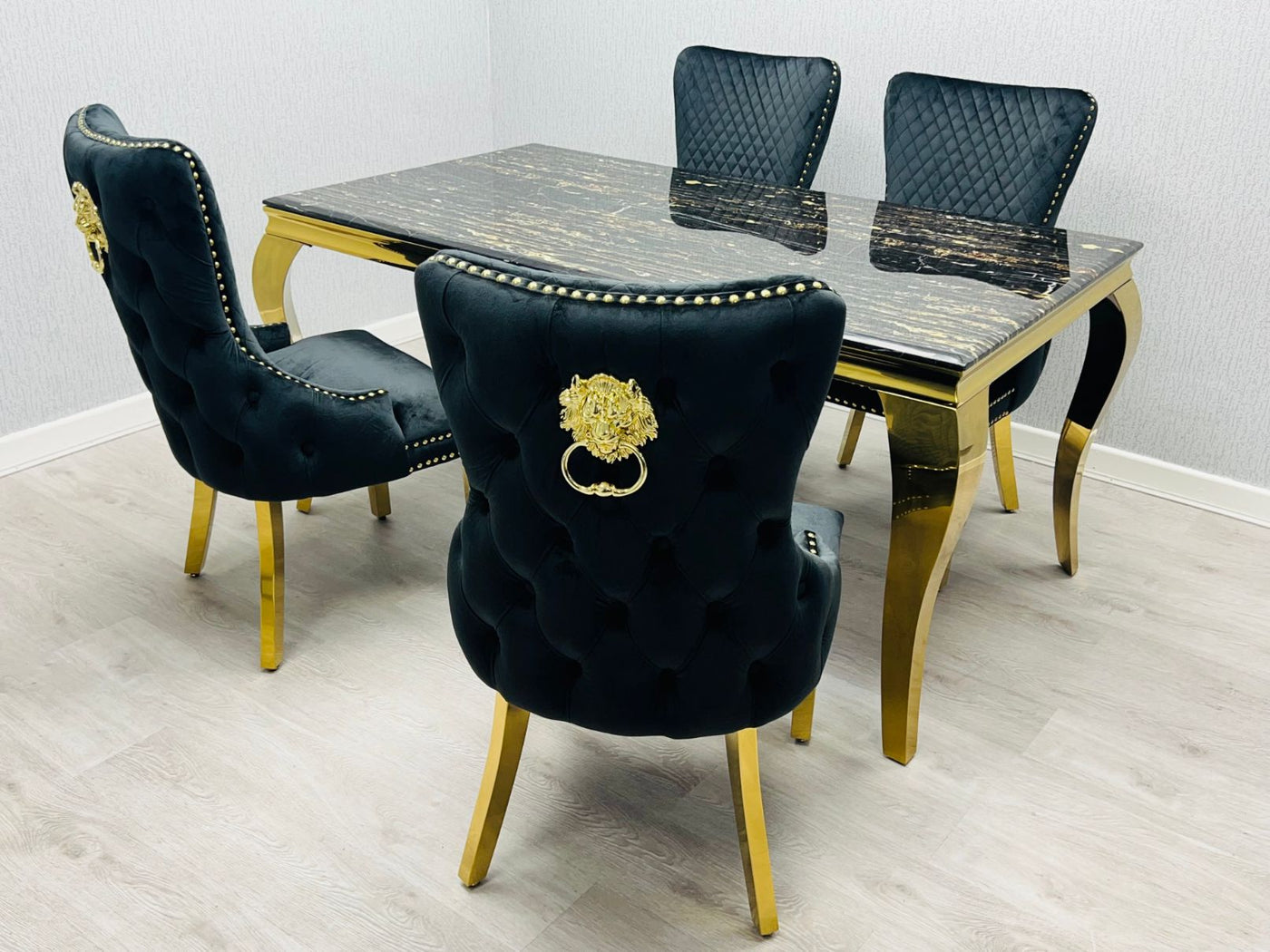 Louis Gold Black Marble Dining Table With Shimmer Black / Gold Lion Knocker Dining Chairs